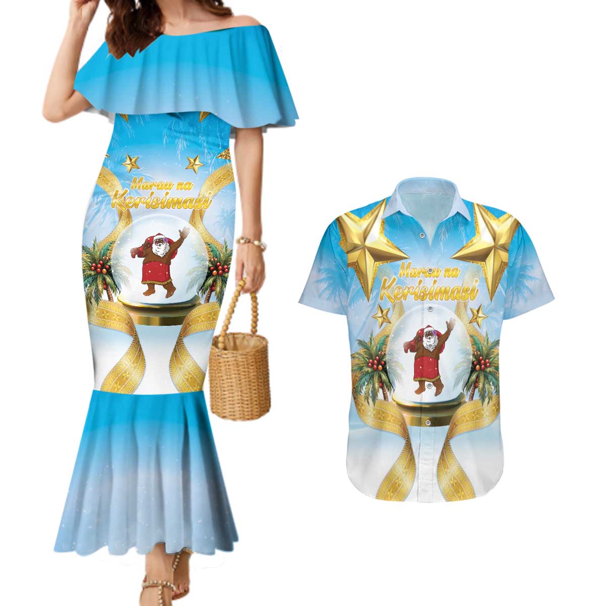 Fiji Christmas Couples Matching Mermaid Dress and Hawaiian Shirt Snow Globe With Fijian Santa LT05 Blue - Polynesian Pride