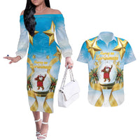 Fiji Christmas Couples Matching Off The Shoulder Long Sleeve Dress and Hawaiian Shirt Snow Globe With Fijian Santa LT05 - Polynesian Pride