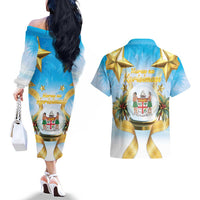 Fiji Christmas Couples Matching Off The Shoulder Long Sleeve Dress and Hawaiian Shirt Snow Globe With Fijian Santa LT05 - Polynesian Pride