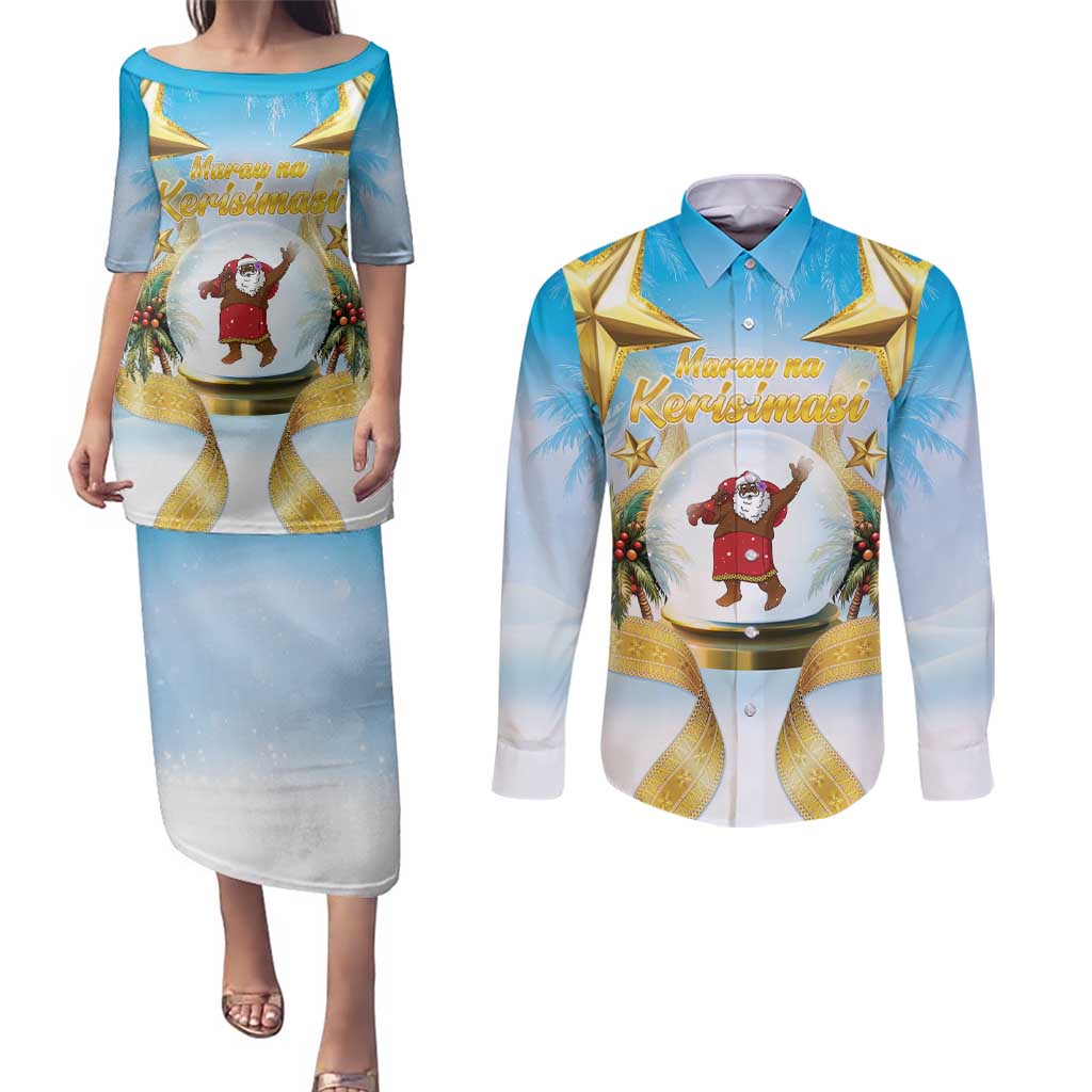 Fiji Christmas Couples Matching Puletasi and Long Sleeve Button Shirt Snow Globe With Fijian Santa LT05 - Polynesian Pride