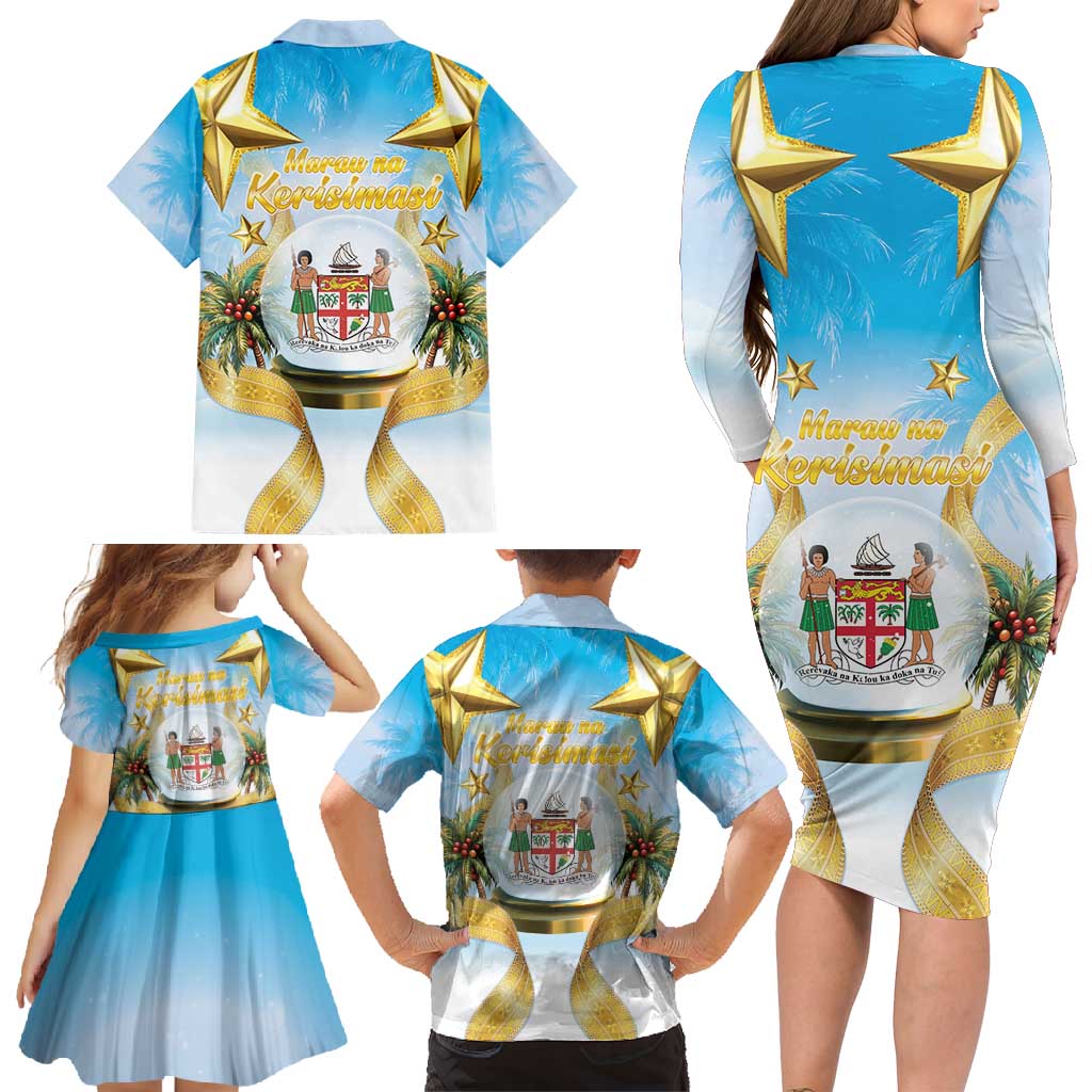 Fiji Christmas Family Matching Long Sleeve Bodycon Dress and Hawaiian Shirt Snow Globe With Fijian Santa LT05 - Polynesian Pride
