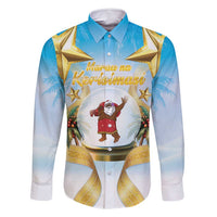 Fiji Christmas Family Matching Off Shoulder Short Dress and Hawaiian Shirt Snow Globe With Fijian Santa LT05 Dad's Shirt - Long Sleeve Blue - Polynesian Pride