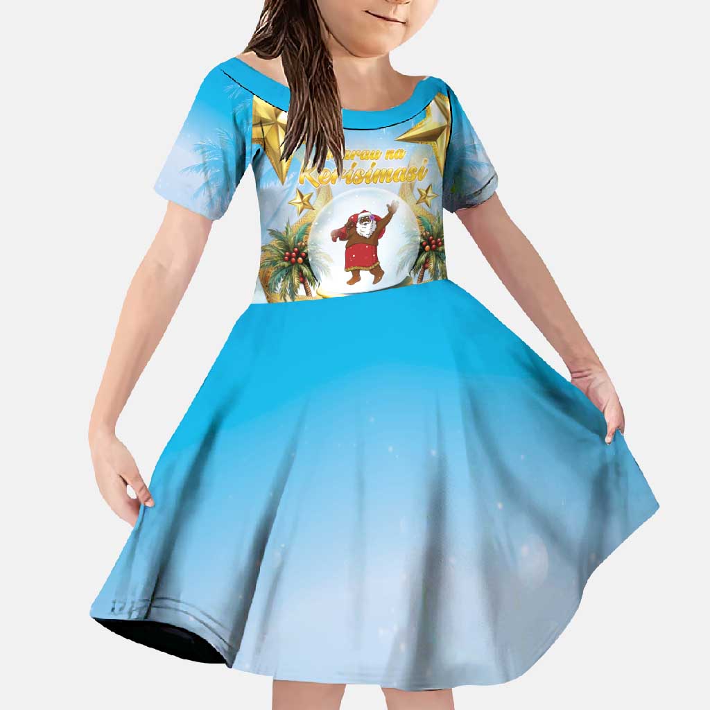 Fiji Christmas Family Matching Summer Maxi Dress and Hawaiian Shirt Snow Globe With Fijian Santa LT05 Daughter's Dress Blue - Polynesian Pride