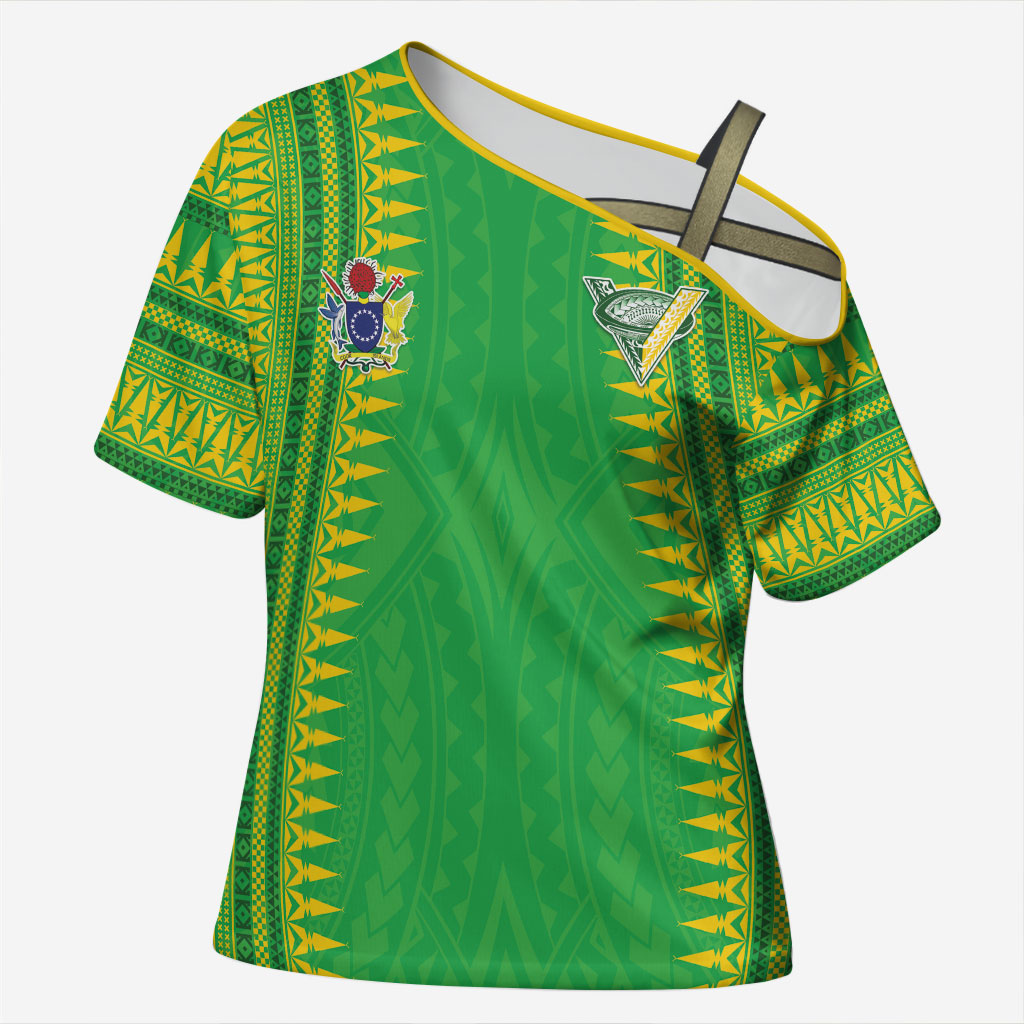 Cook Islands Rugby Custom Cross Shoulder Shirt Kuki Tribal Pattern Green Version LT05 Female Green - Polynesian Pride
