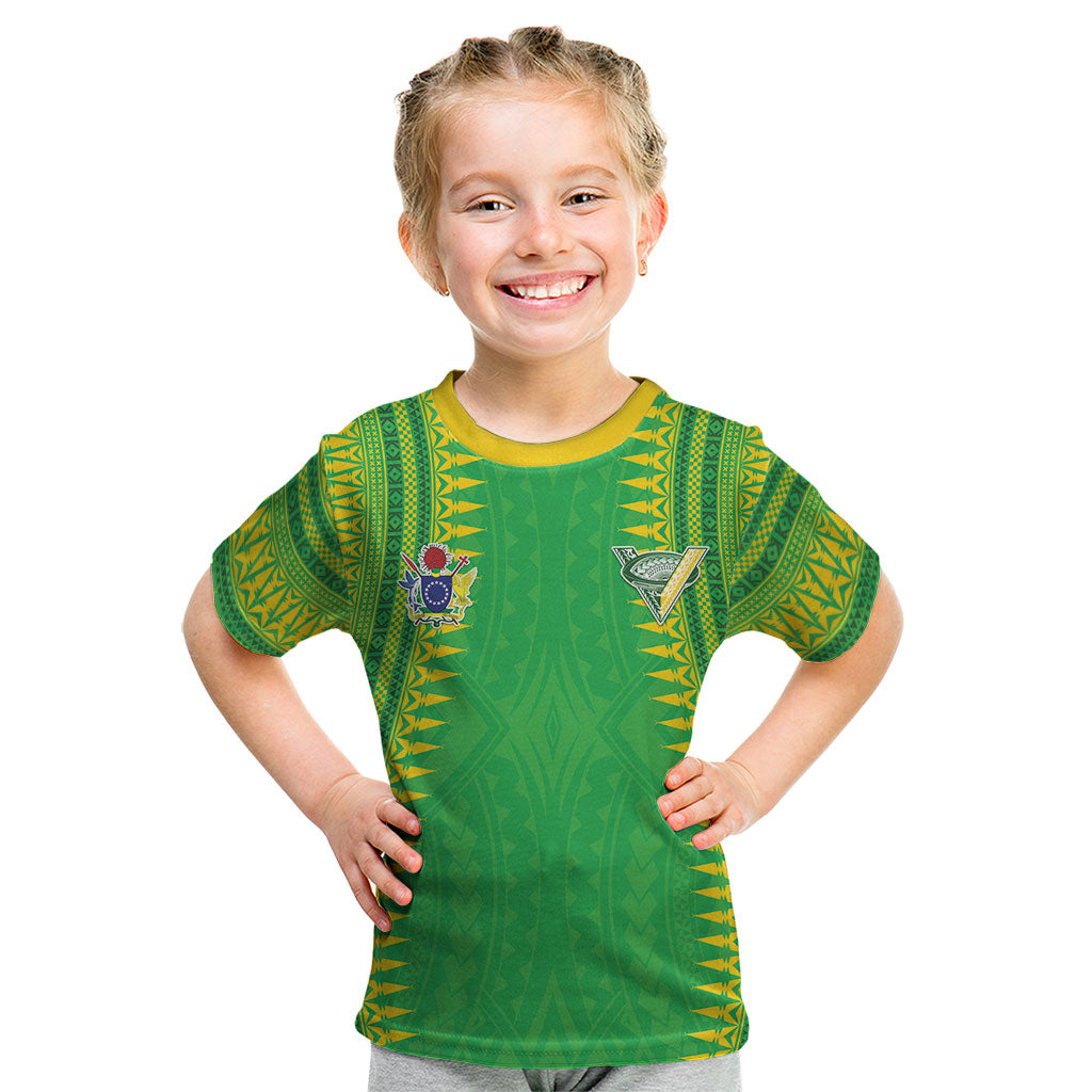 Cook Islands Rugby Custom Kid T Shirt Kuki Tribal Pattern Green Version LT05 Green - Polynesian Pride