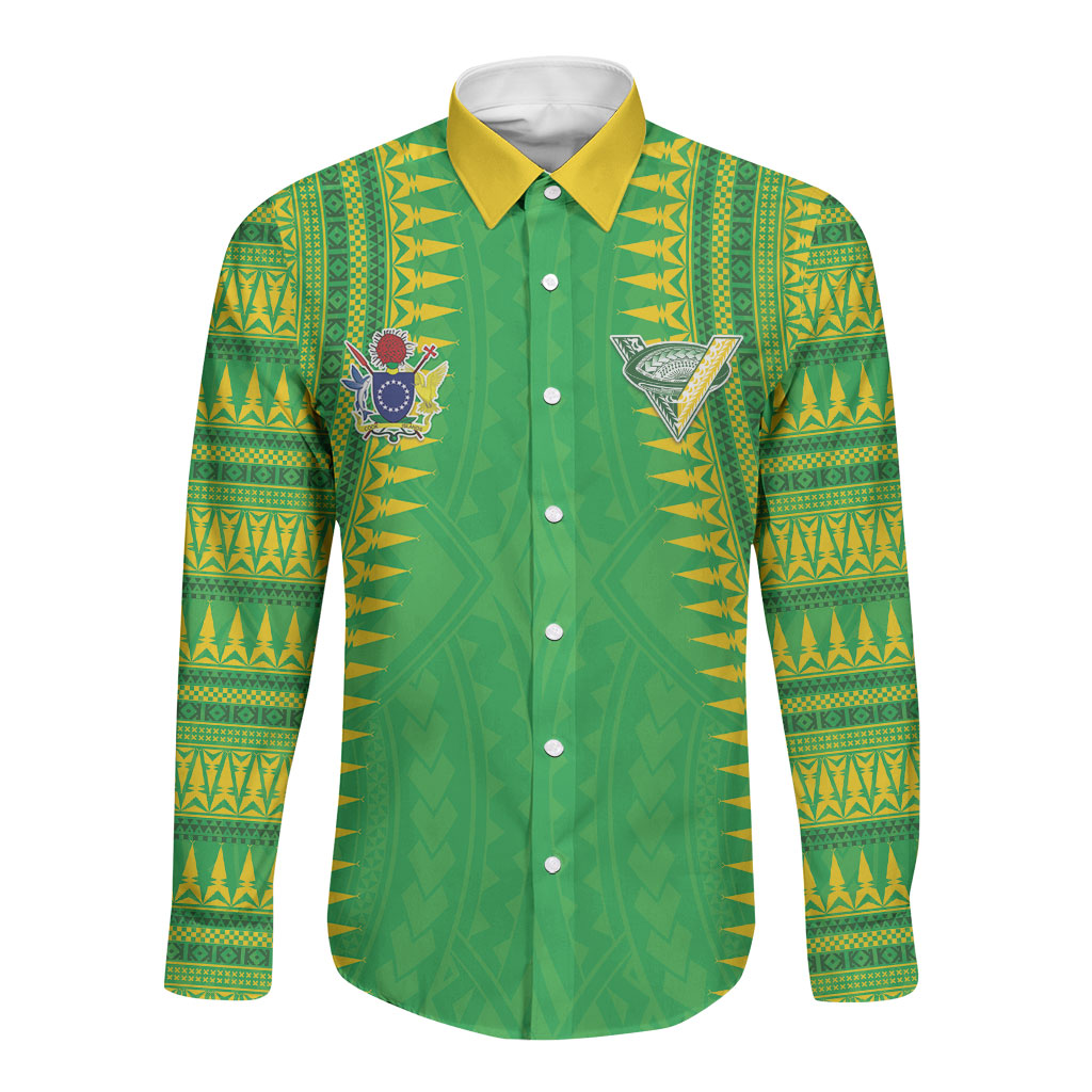Cook Islands Rugby Custom Long Sleeve Button Shirt Kuki Tribal Pattern Green Version LT05 Unisex Green - Polynesian Pride