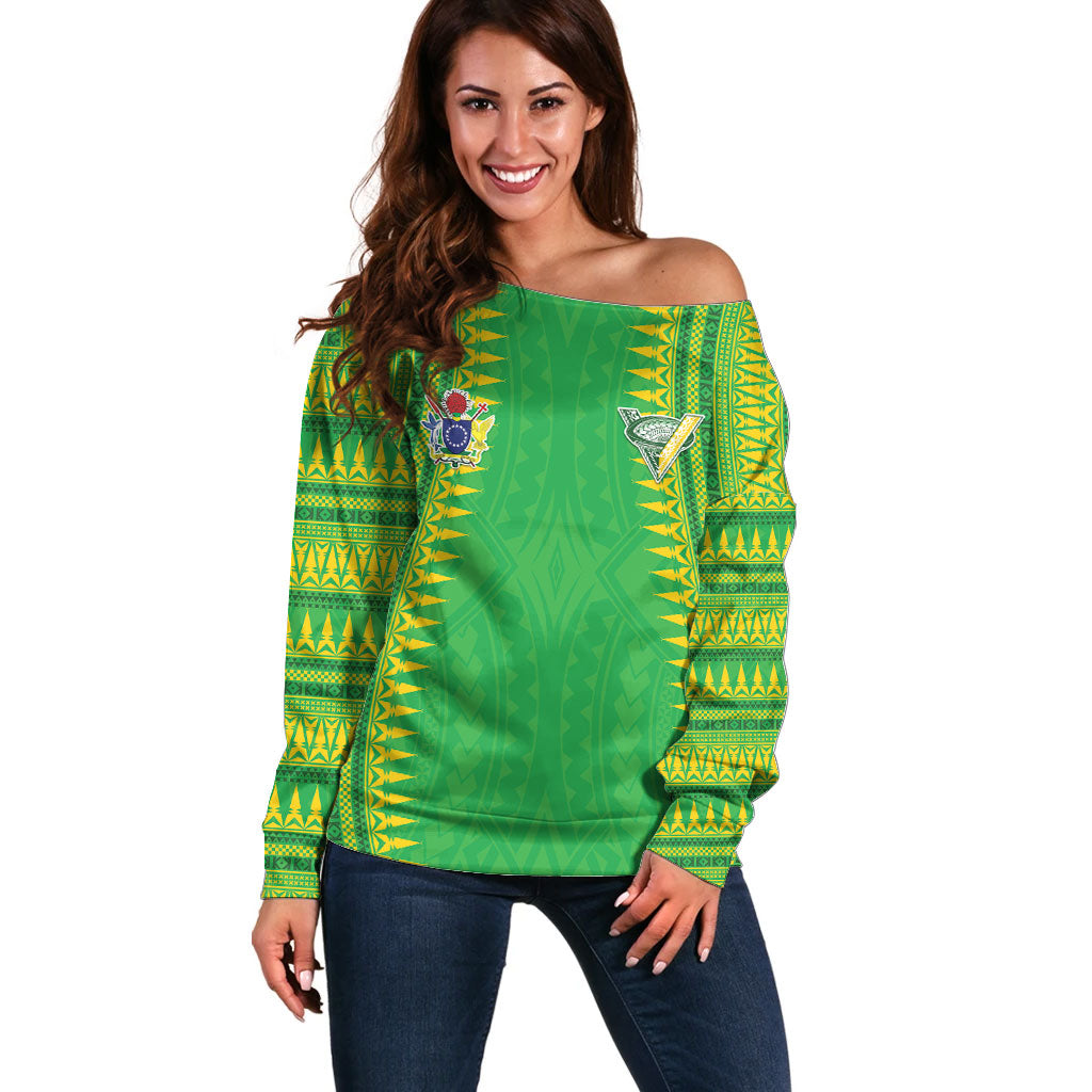 Cook Islands Rugby Custom Off Shoulder Sweater Kuki Tribal Pattern Green Version LT05 Women Green - Polynesian Pride