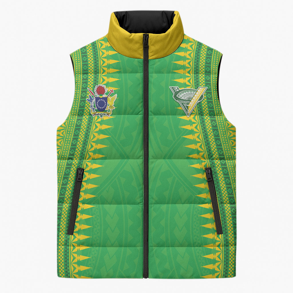Cook Islands Rugby Custom Sleeveless Puffer Jacket Kuki Tribal Pattern Green Version LT05 Unisex Green - Polynesian Pride