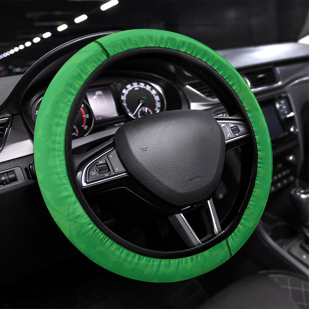 Cook Islands Rugby Steering Wheel Cover Kuki Tribal Pattern Green Version LT05 Universal Fit Green - Polynesian Pride