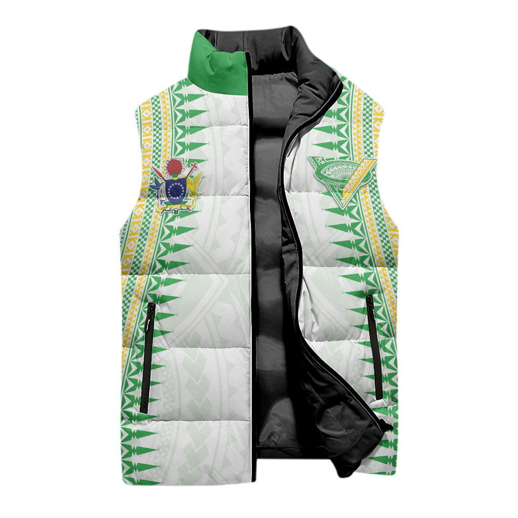 Cook Islands Rugby Custom Sleeveless Puffer Jacket Kuki Tribal Pattern White Version LT05 - Polynesian Pride