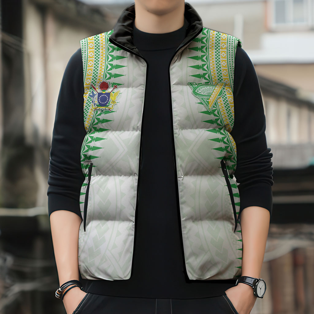 Cook Islands Rugby Custom Sleeveless Puffer Jacket Kuki Tribal Pattern White Version LT05 - Polynesian Pride