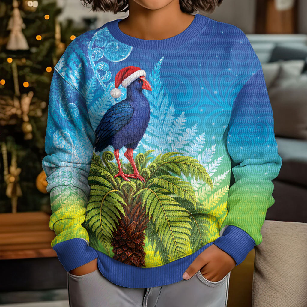 New Zealand Christmas Kid Ugly Christmas Sweater Pukeko With Ponga Tree Silver Fern LT05 - Polynesian Pride