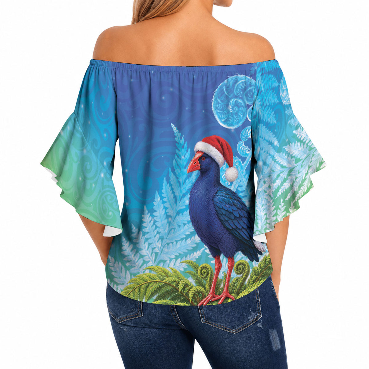New Zealand Christmas Off Shoulder Wrap Waist Top Pukeko With Ponga Tree Silver Fern LT05 - Polynesian Pride