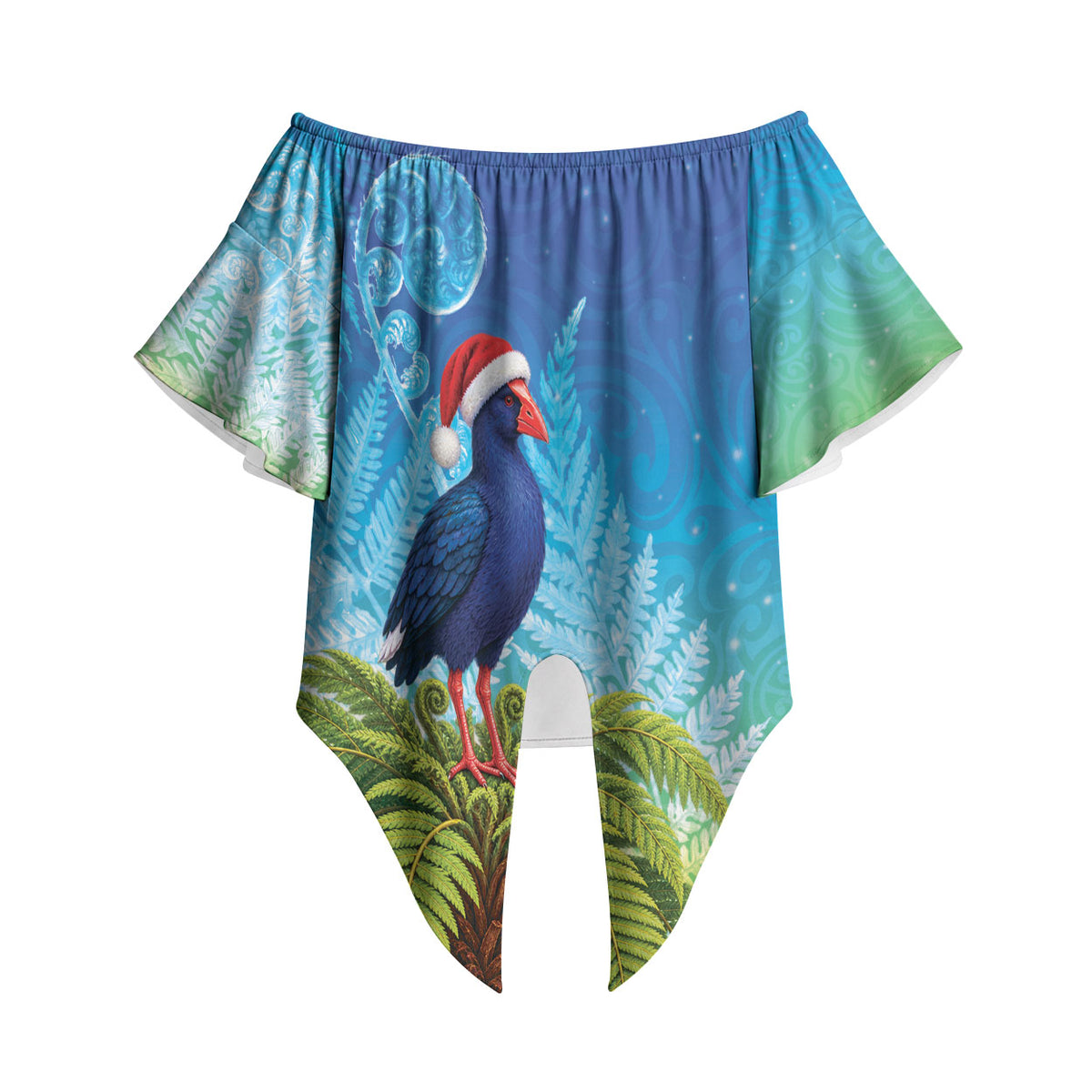 New Zealand Christmas Off Shoulder Wrap Waist Top Pukeko With Ponga Tree Silver Fern LT05 - Polynesian Pride