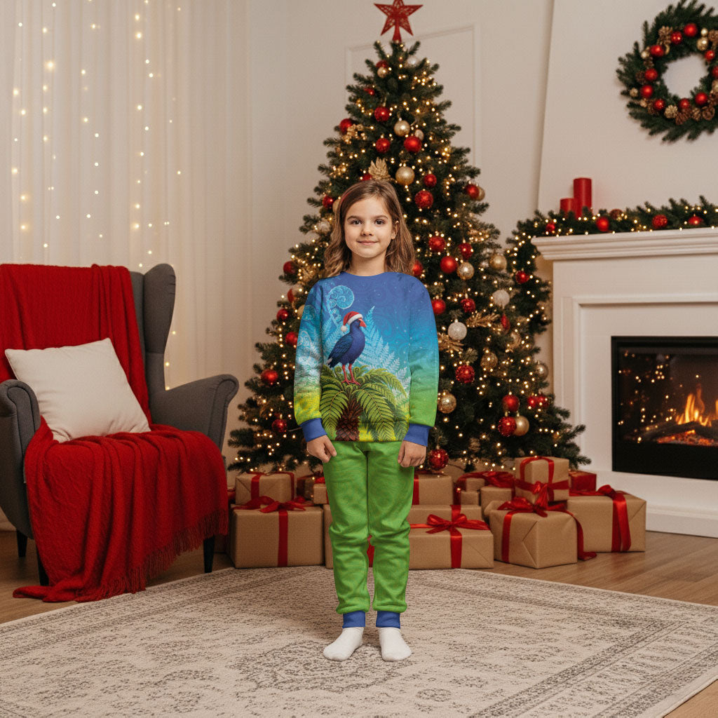 New Zealand Christmas Pajama Set Pukeko With Ponga Tree Silver Fern LT05 Kid Multicolor - Polynesian Pride