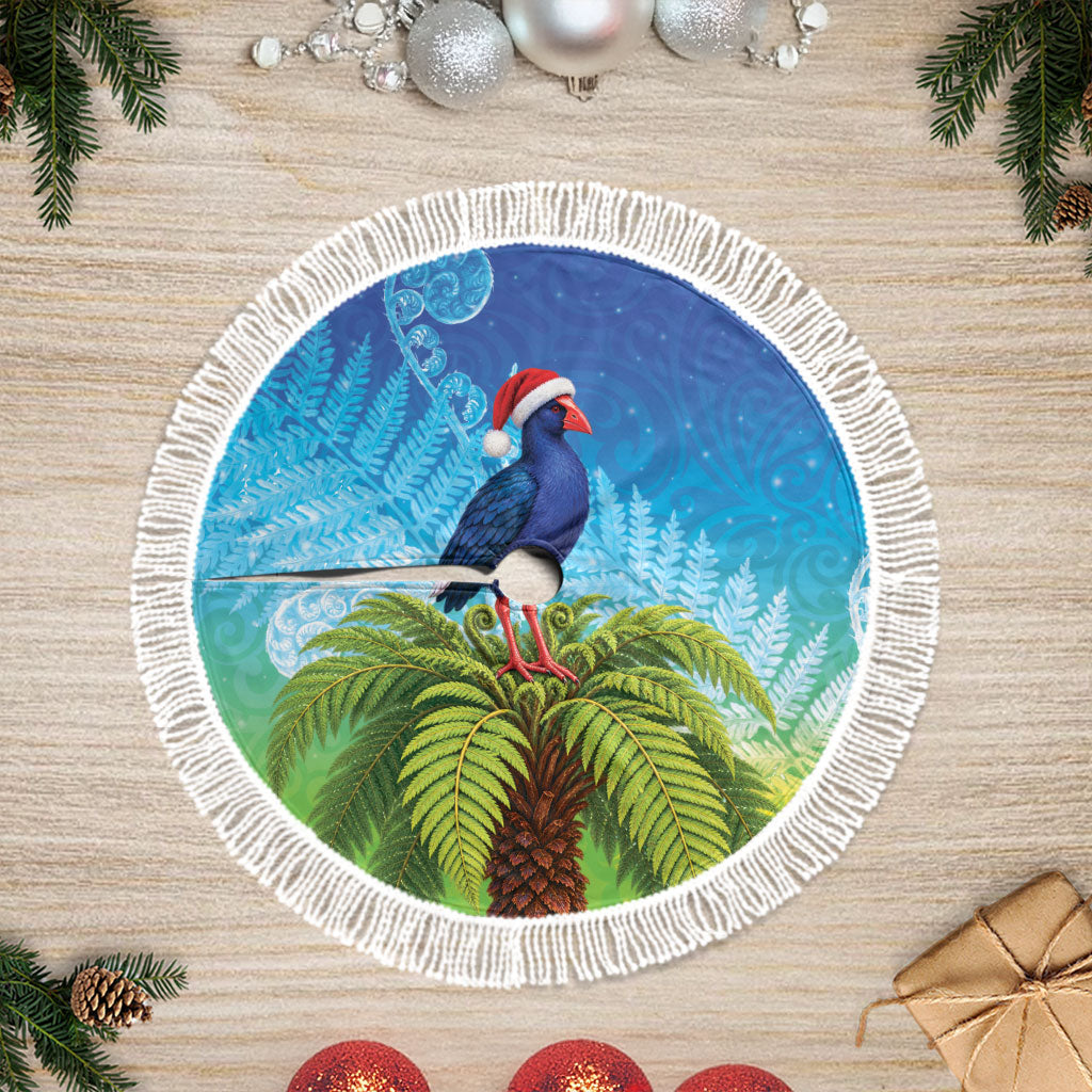 New Zealand Christmas Tree Skirt Pukeko With Ponga Tree Silver Fern LT05 Fringed Multicolor - Polynesian Pride