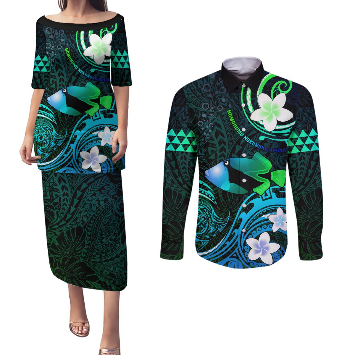 Personalised Hawaii Humuhumu Reef Triggerfish Couples Matching Puletasi and Long Sleeve Button Shirt Turquoise With Plumeria LT05 Turquoise - Polynesian Pride