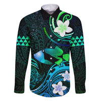 Personalised Hawaii Humuhumu Reef Triggerfish Family Matching Long Sleeve Bodycon Dress and Hawaiian Shirt Turquoise With Plumeria LT05 Dad's Shirt - Long Sleeve Turquoise - Polynesian Pride