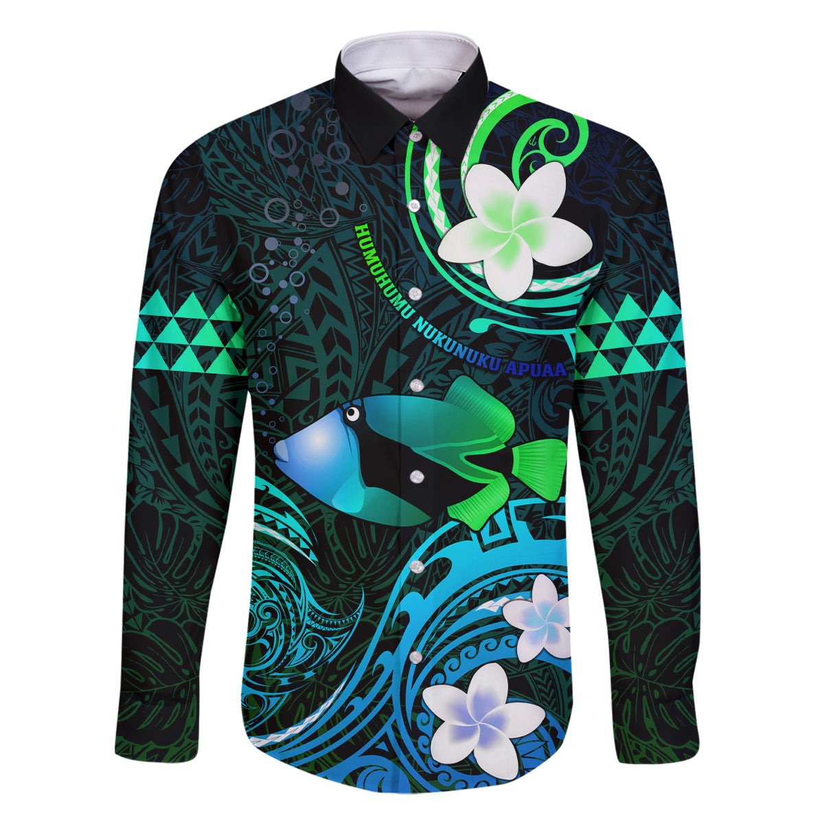 Personalised Hawaii Humuhumu Reef Triggerfish Family Matching Summer Maxi Dress and Hawaiian Shirt Turquoise With Plumeria LT05 Dad's Shirt - Long Sleeve Turquoise - Polynesian Pride