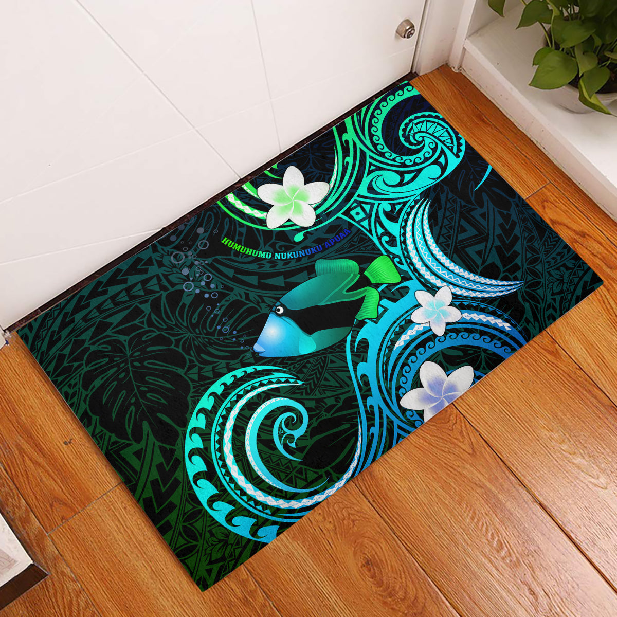 Hawaii Humuhumu Reef Triggerfish Rubber Doormat Turquoise With Plumeria LT05 Turquoise - Polynesian Pride
