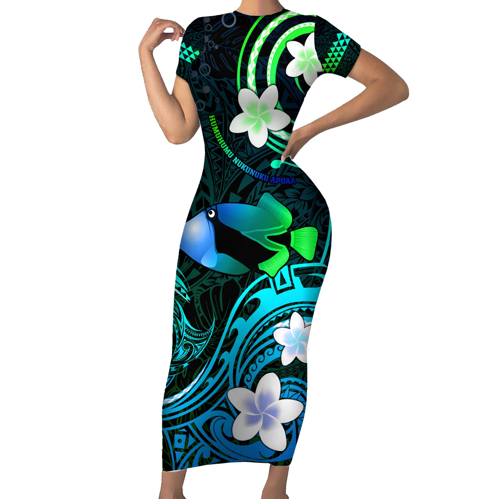 Personalised Hawaii Humuhumu Reef Triggerfish Short Sleeve Bodycon Dress Turquoise With Plumeria LT05 Long Dress Turquoise - Polynesian Pride