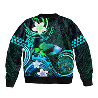 Personalised Hawaii Humuhumu Reef Triggerfish Sleeve Zip Bomber Jacket Turquoise With Plumeria LT05 - Polynesian Pride