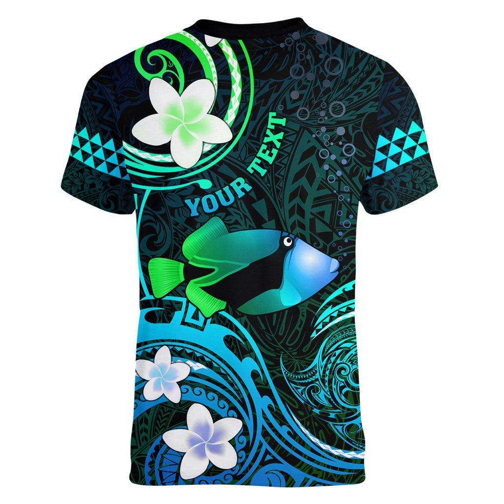Personalised Hawaii Humuhumu Reef Triggerfish Women V Neck T Shirt Turquoise With Plumeria LT05 - Polynesian Pride