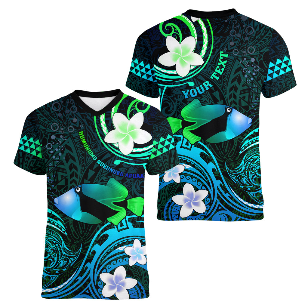 Personalised Hawaii Humuhumu Reef Triggerfish Women V Neck T Shirt Turquoise With Plumeria LT05 - Polynesian Pride
