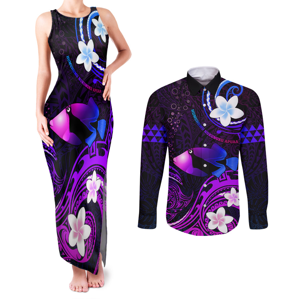 Personalised Hawaii Humuhumu Reef Triggerfish Couples Matching Tank Maxi Dress and Long Sleeve Button Shirt Violet With Plumeria LT05 Violet - Polynesian Pride