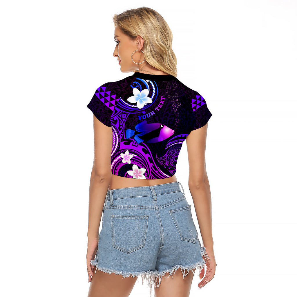 Personalised Hawaii Humuhumu Reef Triggerfish Raglan Cropped T Shirt Violet With Plumeria LT05 - Polynesian Pride