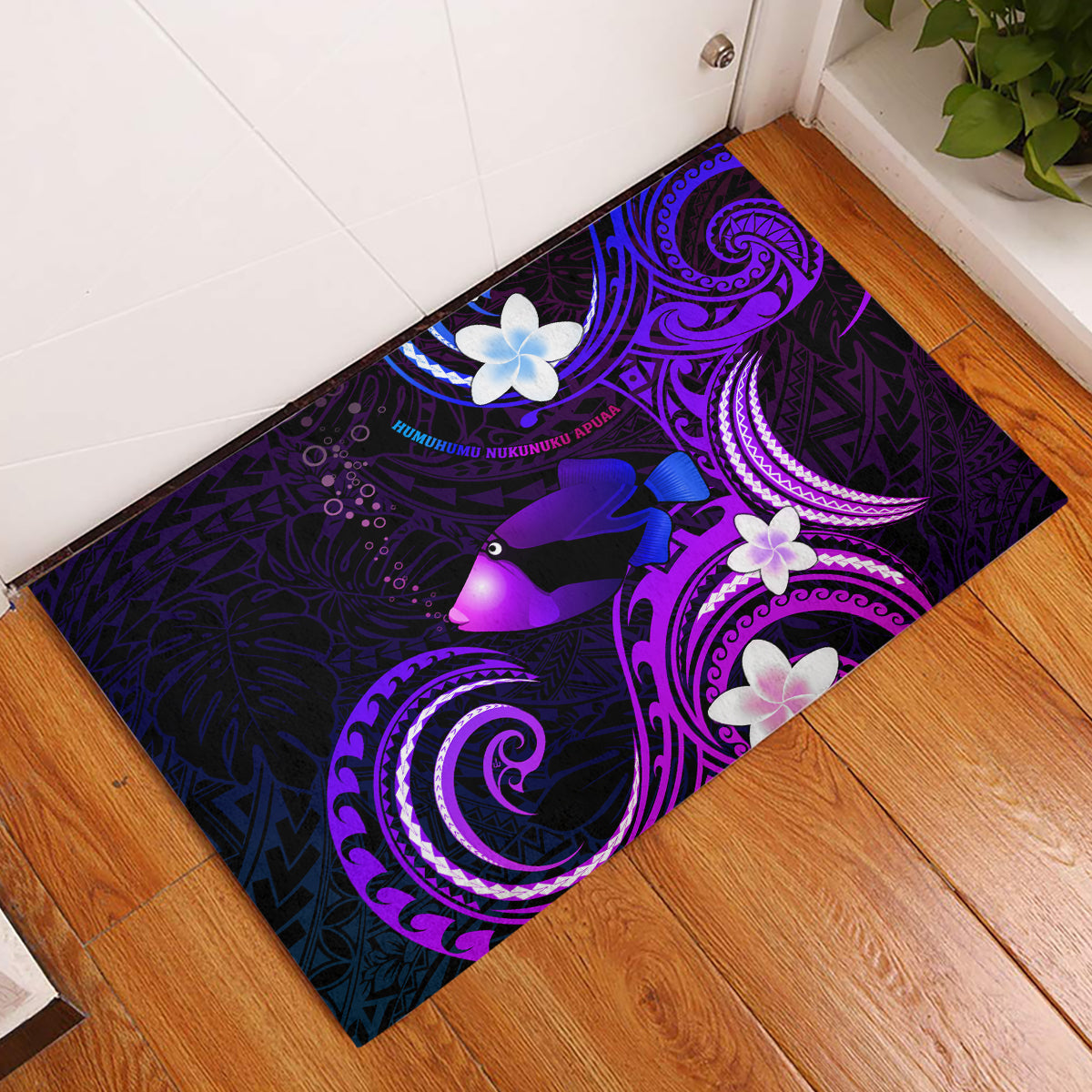 Hawaii Humuhumu Reef Triggerfish Rubber Doormat Violet With Plumeria LT05 Violet - Polynesian Pride