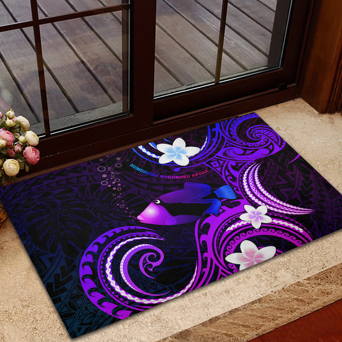 Hawaii Humuhumu Reef Triggerfish Rubber Doormat Violet With Plumeria LT05 - Polynesian Pride