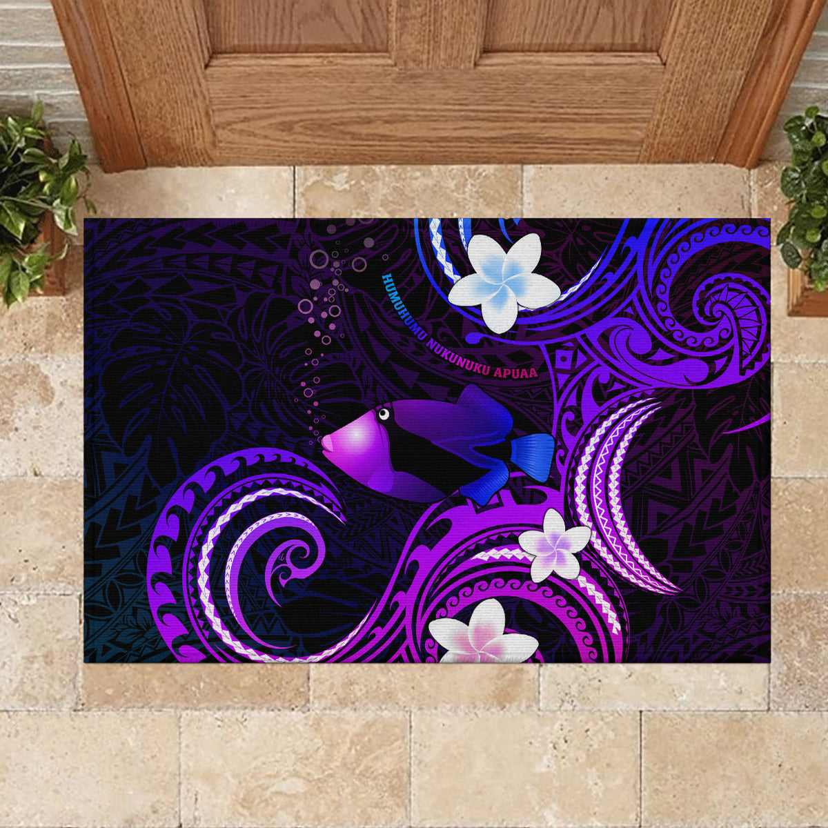 Hawaii Humuhumu Reef Triggerfish Rubber Doormat Violet With Plumeria LT05 - Polynesian Pride