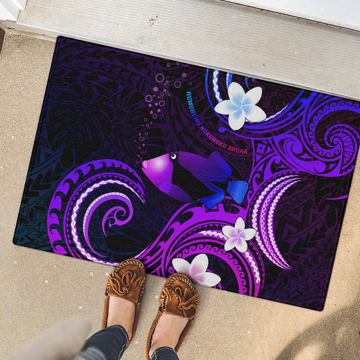 Hawaii Humuhumu Reef Triggerfish Rubber Doormat Violet With Plumeria LT05 - Polynesian Pride