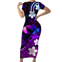 Personalised Hawaii Humuhumu Reef Triggerfish Short Sleeve Bodycon Dress Violet With Plumeria LT05 Long Dress Violet - Polynesian Pride