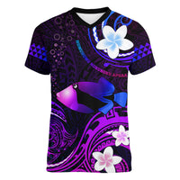 Personalised Hawaii Humuhumu Reef Triggerfish Women V Neck T Shirt Violet With Plumeria LT05 Female Violet - Polynesian Pride