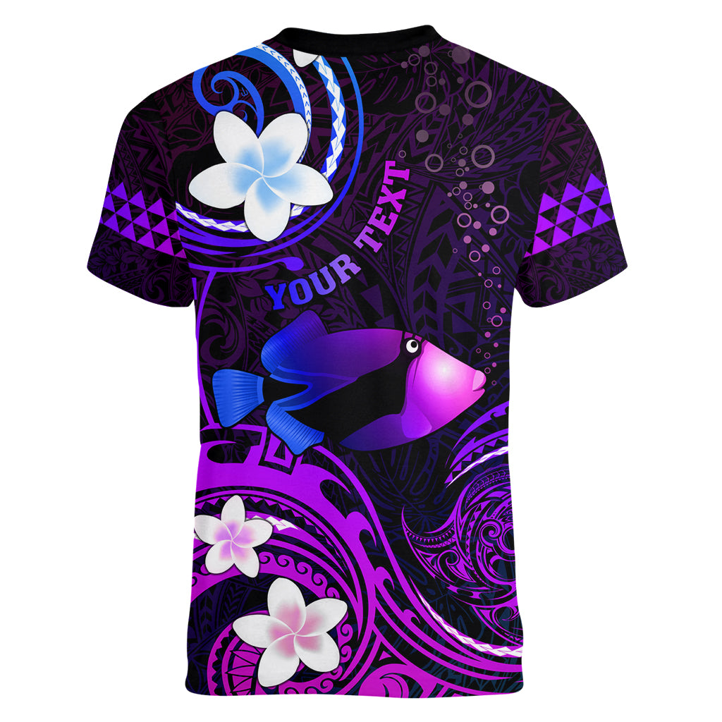 Personalised Hawaii Humuhumu Reef Triggerfish Women V Neck T Shirt Violet With Plumeria LT05 - Polynesian Pride