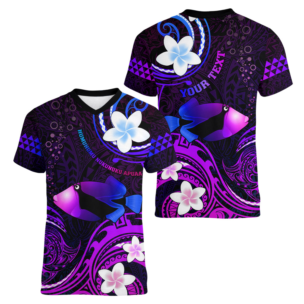 Personalised Hawaii Humuhumu Reef Triggerfish Women V Neck T Shirt Violet With Plumeria LT05 - Polynesian Pride