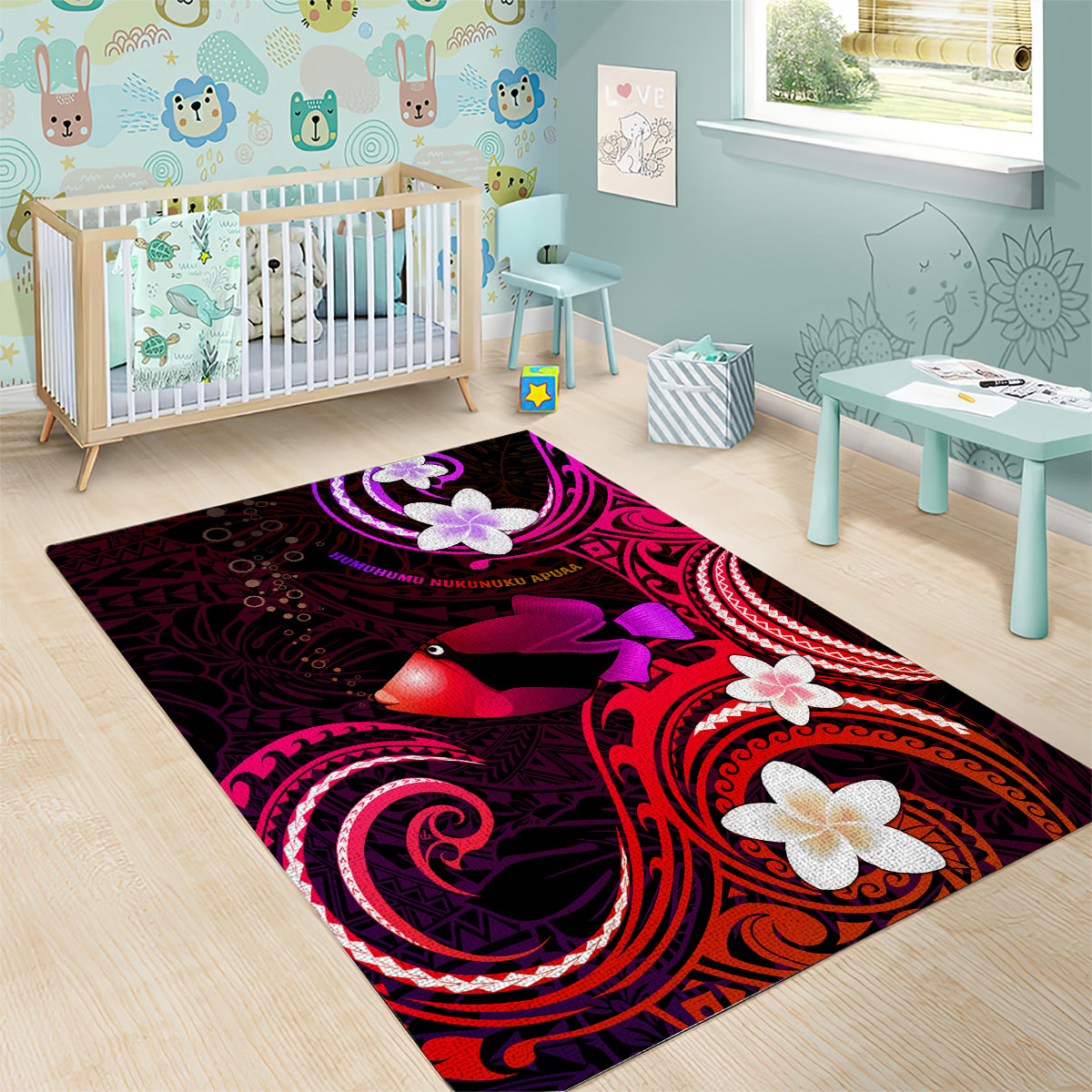 Hawaii Humuhumu Reef Triggerfish Area Rug Maroon With Plumeria LT05 - Polynesian Pride