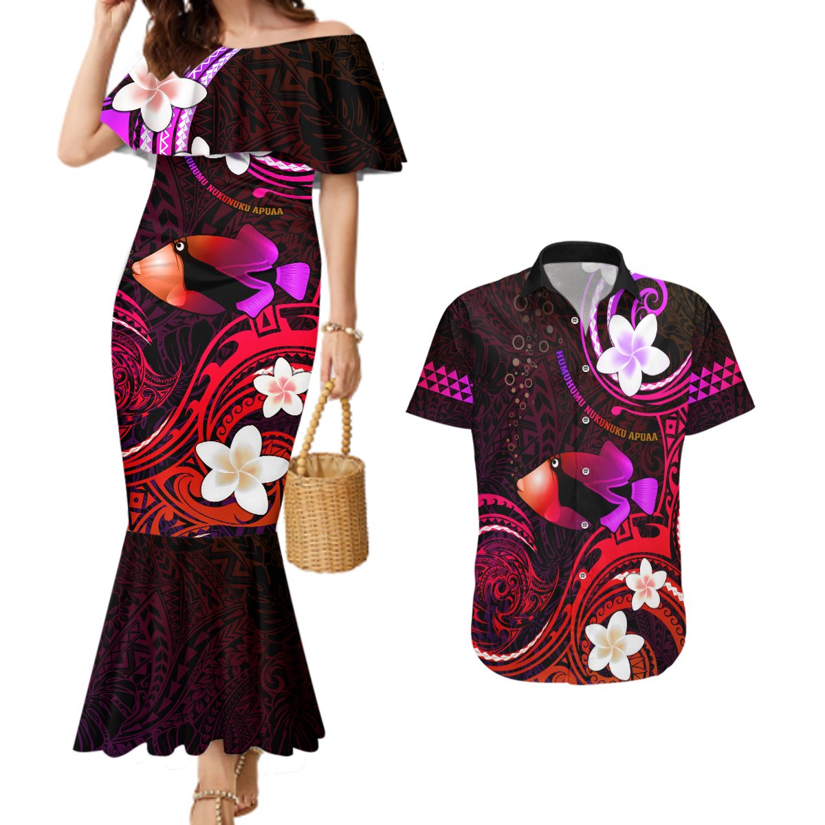Personalised Hawaii Humuhumu Reef Triggerfish Couples Matching Mermaid Dress and Hawaiian Shirt Maroon With Plumeria LT05 Maroon - Polynesian Pride