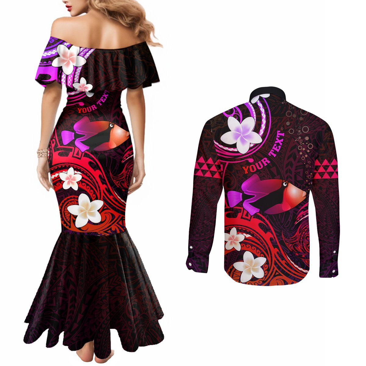 Personalised Hawaii Humuhumu Reef Triggerfish Couples Matching Mermaid Dress and Long Sleeve Button Shirt Maroon With Plumeria LT05 - Polynesian Pride