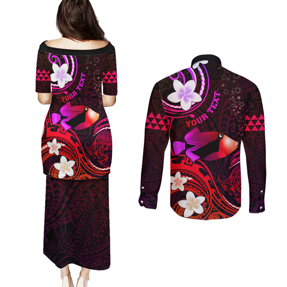 Personalised Hawaii Humuhumu Reef Triggerfish Couples Matching Puletasi and Long Sleeve Button Shirt Maroon With Plumeria LT05 - Polynesian Pride