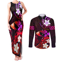 Personalised Hawaii Humuhumu Reef Triggerfish Couples Matching Tank Maxi Dress and Long Sleeve Button Shirt Maroon With Plumeria LT05 Maroon - Polynesian Pride
