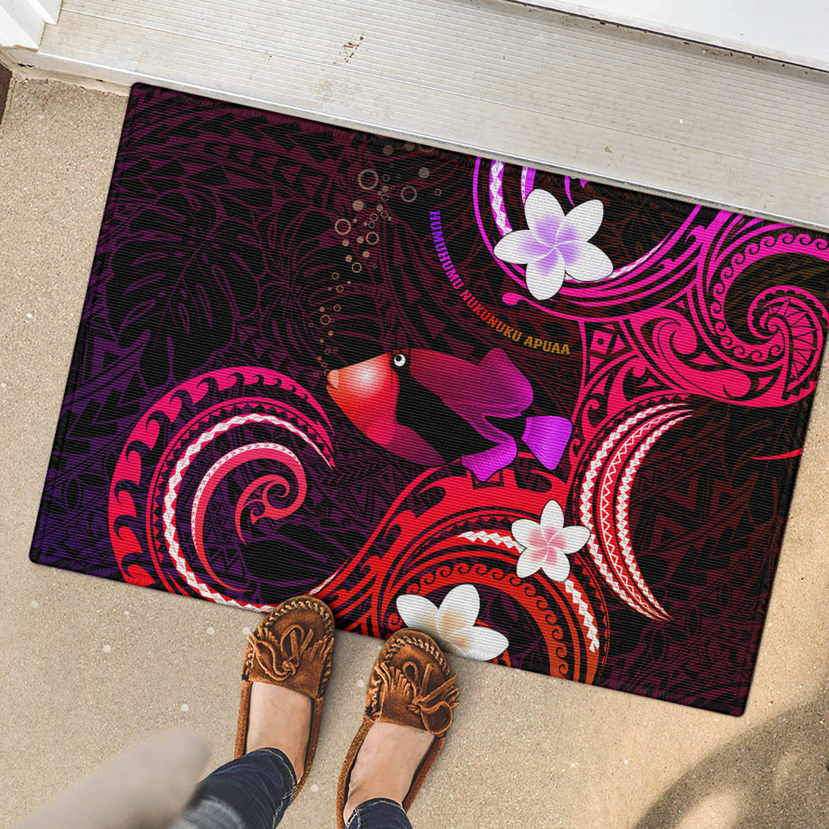 Hawaii Humuhumu Reef Triggerfish Rubber Doormat Maroon With Plumeria LT05 - Polynesian Pride