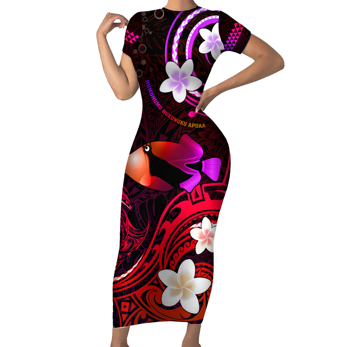 Personalised Hawaii Humuhumu Reef Triggerfish Short Sleeve Bodycon Dress Maroon With Plumeria LT05 Long Dress Maroon - Polynesian Pride