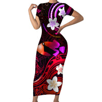Personalised Hawaii Humuhumu Reef Triggerfish Short Sleeve Bodycon Dress Maroon With Plumeria LT05 Long Dress Maroon - Polynesian Pride