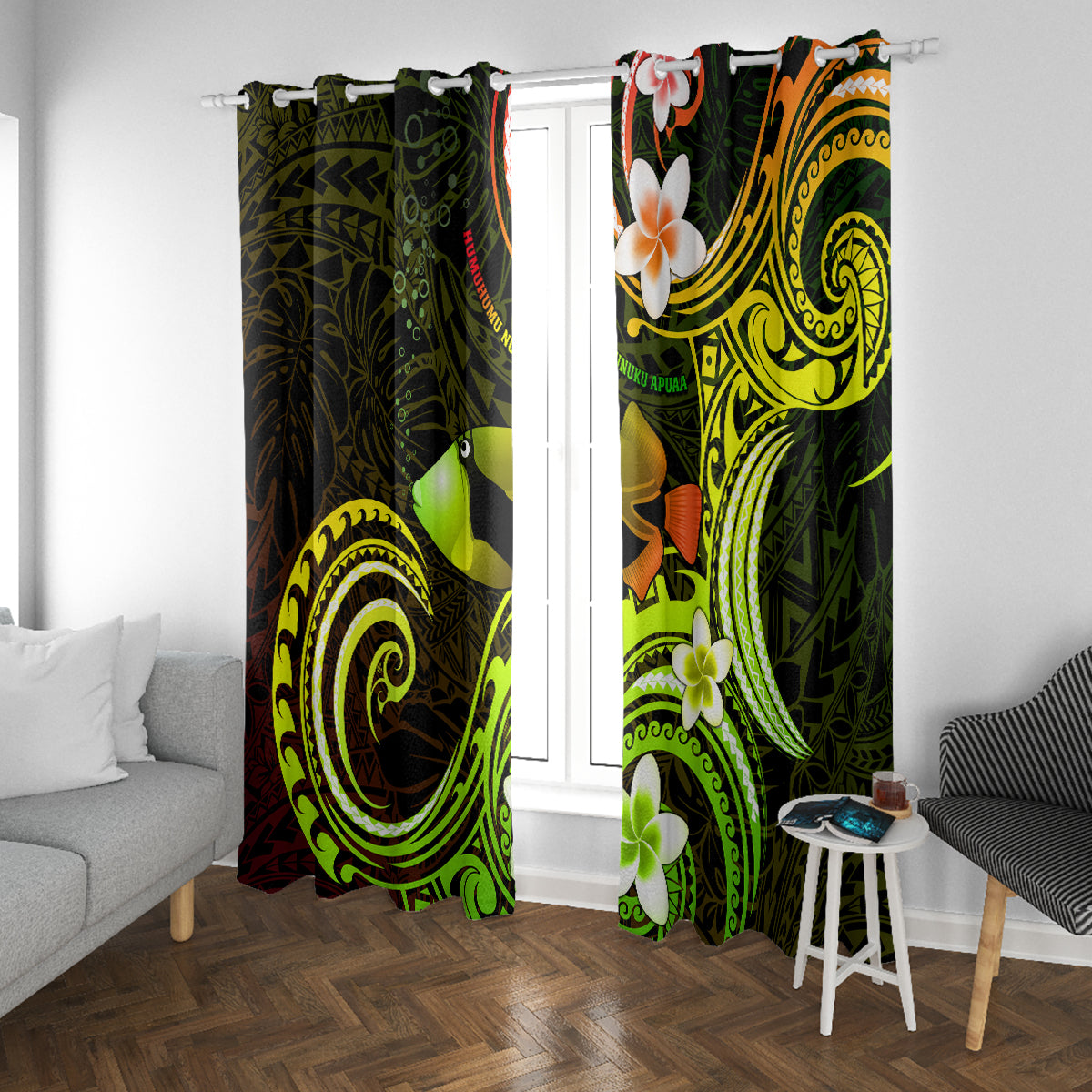 Hawaii Humuhumu Reef Triggerfish Window Curtain Reggae With Plumeria LT05 With Grommets Reggae - Polynesian Pride