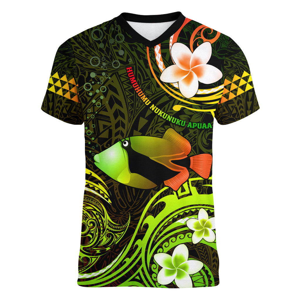 Personalised Hawaii Humuhumu Reef Triggerfish Women V Neck T Shirt Reggae With Plumeria LT05 Female Reggae - Polynesian Pride