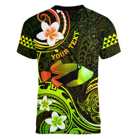 Personalised Hawaii Humuhumu Reef Triggerfish Women V Neck T Shirt Reggae With Plumeria LT05 - Polynesian Pride