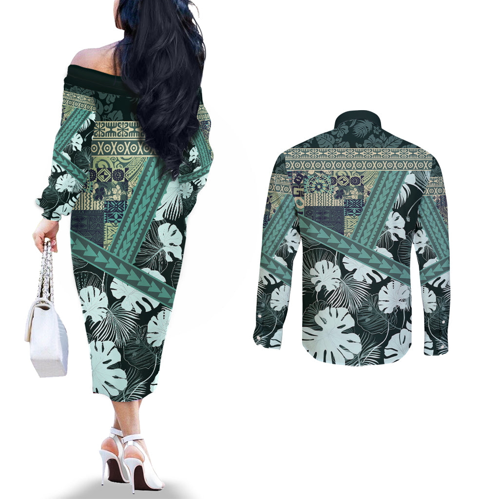Hawaii Plant Kalo Couples Matching Off The Shoulder Long Sleeve Dress and Long Sleeve Button Shirt Hawaiian Tapa Pattern LT05 - Polynesian Pride